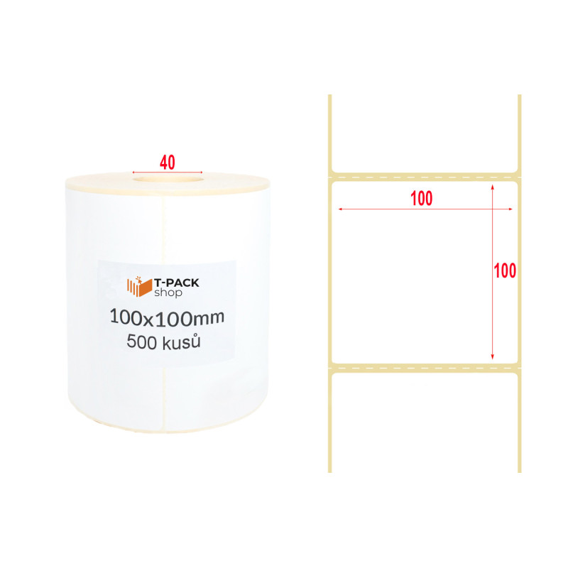 Termální etikety 100×100 mm bílé 500 ks, dutinka 40 mm, perforace