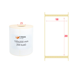 Termoetikety 100x200 mm bilé, návin 250ks, dutinka kotoučku 25mm Perforace