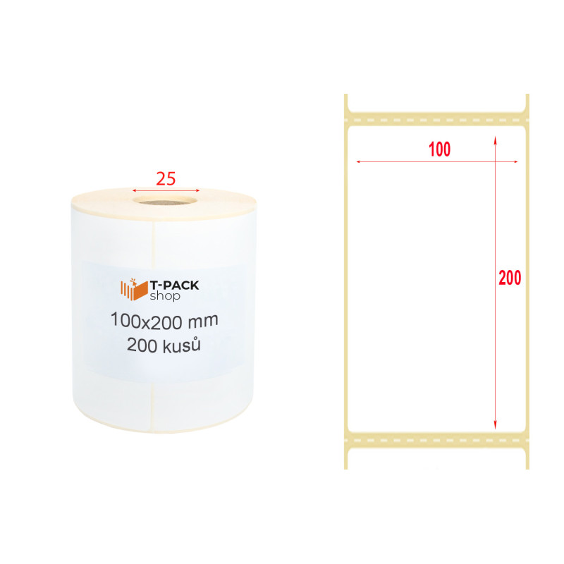 Termoetikety 100x200 mm bilé, návin 250ks, dutinka kotoučku 25mm Perforace