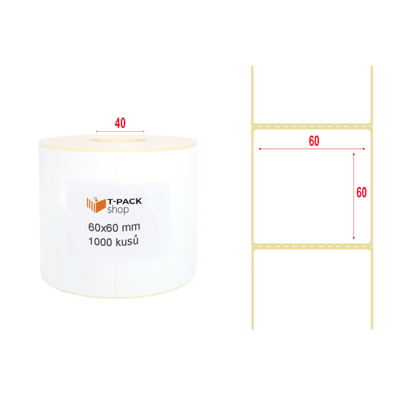 Termoetikety 60x60 mm bilé, návin 1000ks, dutinka kotoučku 40mm