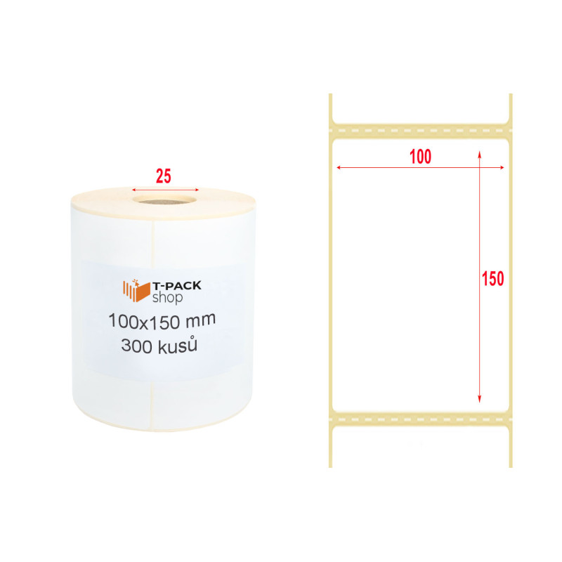Samolepící termo etikety na roli, A6 (100x150mm), 300ks, D25mm Perforace