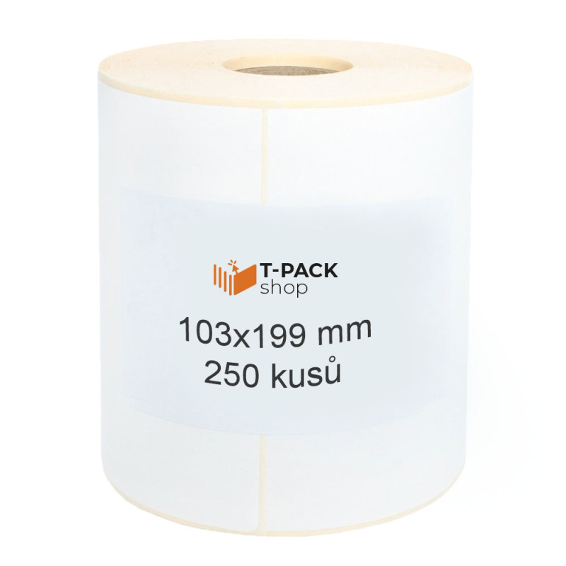 Termoetikety 103x199 mm DHL bilé, návin 250ks, dutinka kotoučku 25mm Perforace