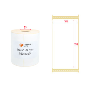 Termoetikety 103x199 mm DHL bilé, návin 250ks, dutinka kotoučku 25mm Perforace
