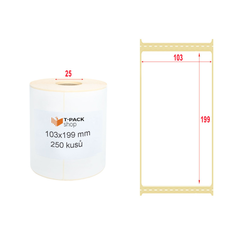 Termoetikety 103x199 mm DHL bilé, návin 250ks, dutinka kotoučku 25mm Perforace