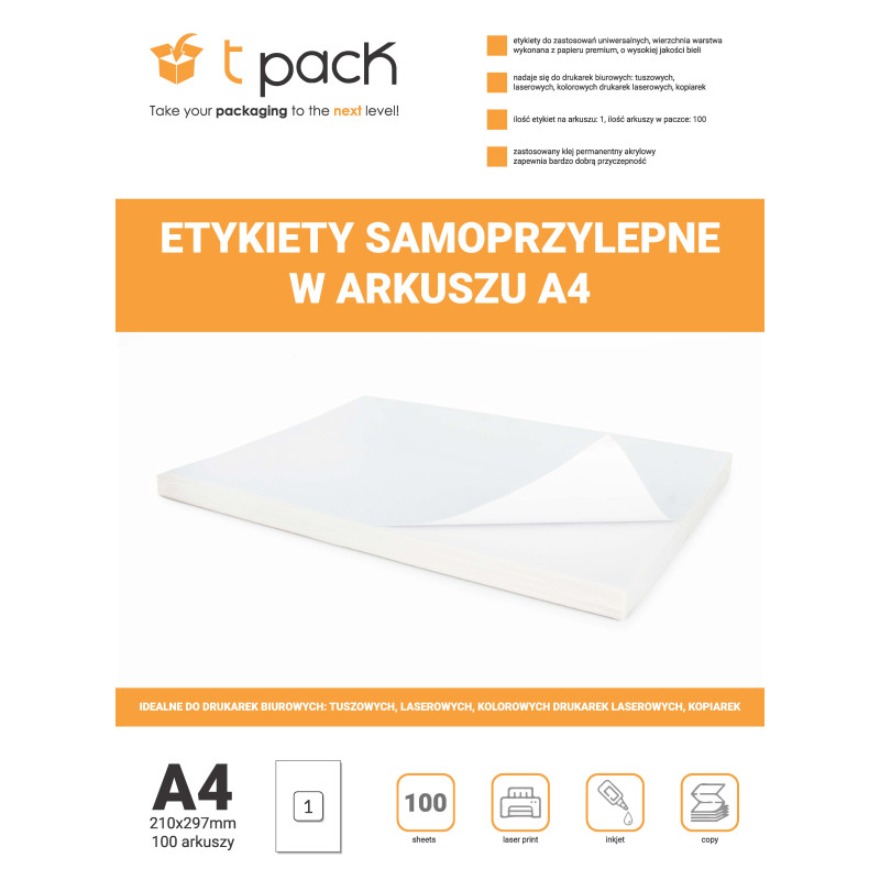 Samolepicí etikety v archu A4 210 x 297 mm, 1ks/A4, 100 listů