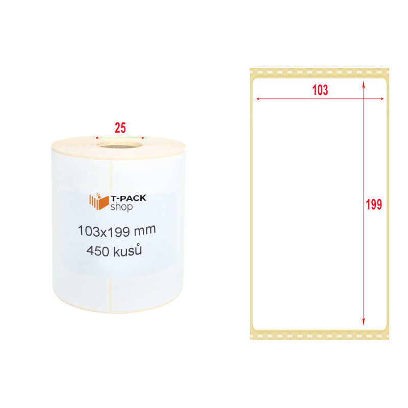 Termoetikety na zásilky 103 x 199 mm, návin 450ks, D25, perforace