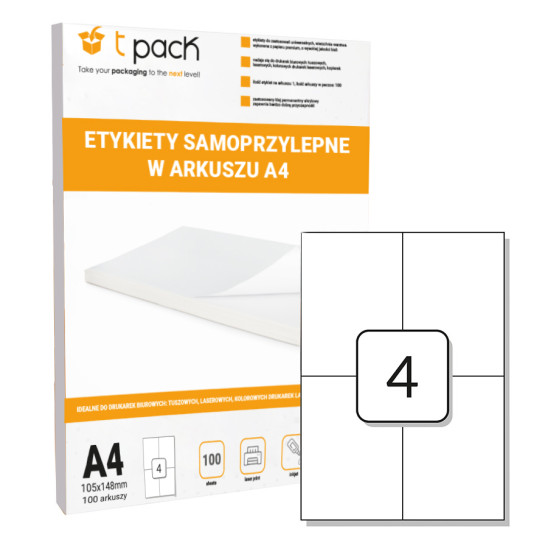 Samolepicí etikety v archu 105 x 148,5 mm, 4ks/A4, 100 listů
