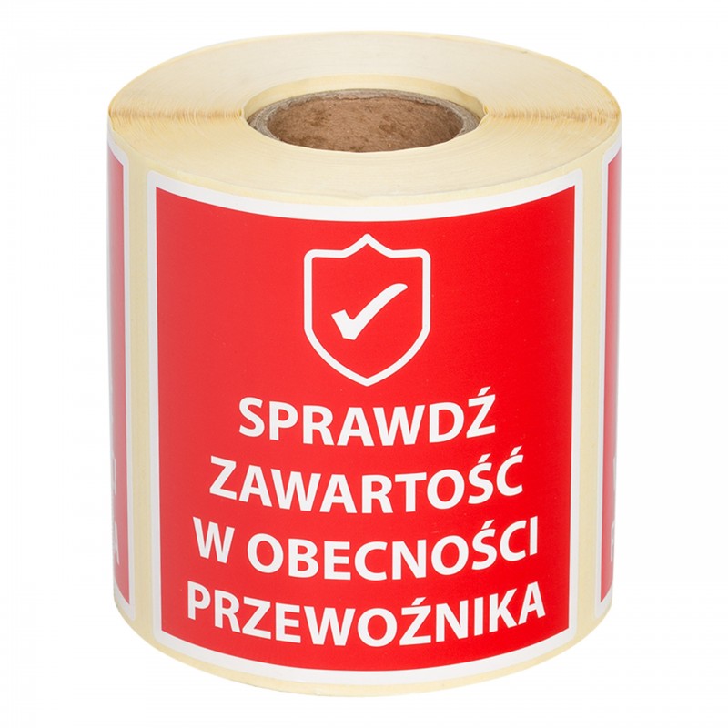 Výstražné samolepící etikety s nápisem "Sprawdź zawartość", 100x100mm 500ks, 40mm