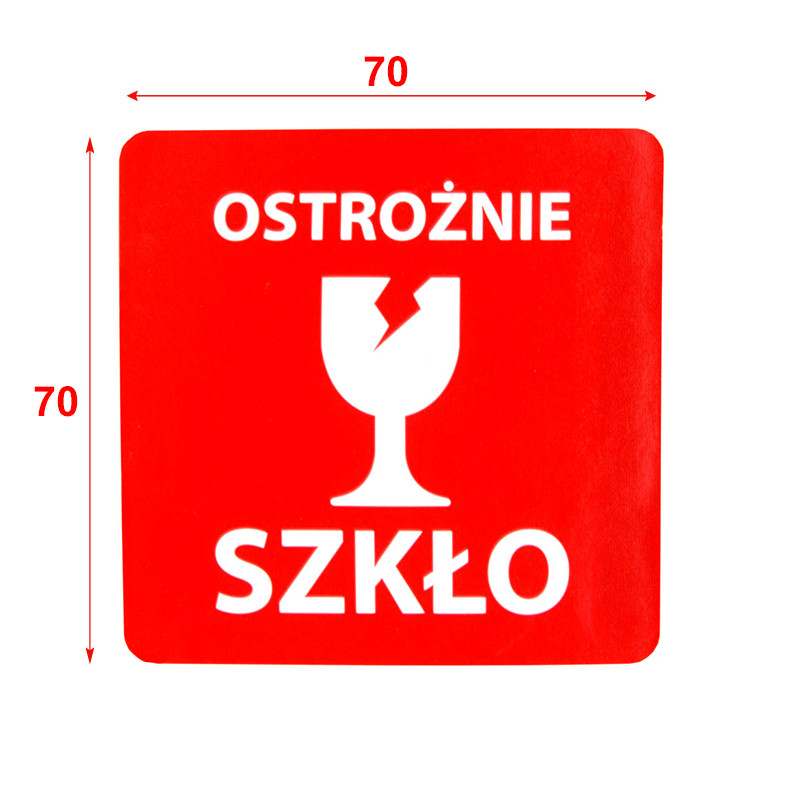 Výstražné samolepící  etikety  s nápisem "Ostrożnie, szkło", 70x70mm, 1000ks, 40mm