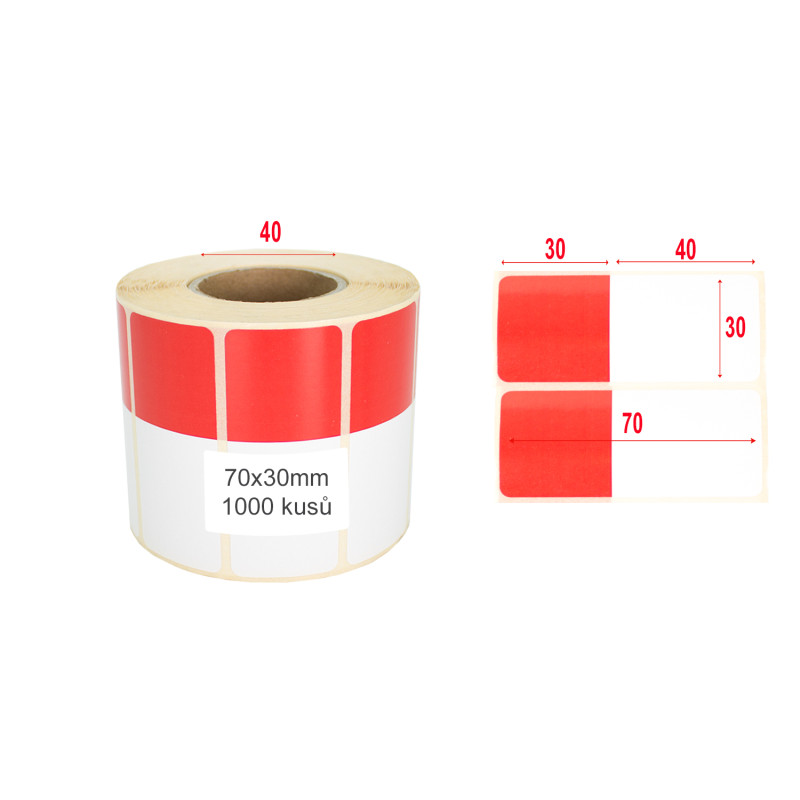 Termoetikety 70x30mm bílé/červené, návin 1000ks, dutinka kotoučku 40mm