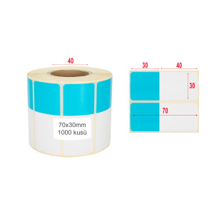 Termoetikety 70x30mm bílé/modré, návin 1000ks, dutinka kotoučku 40mm