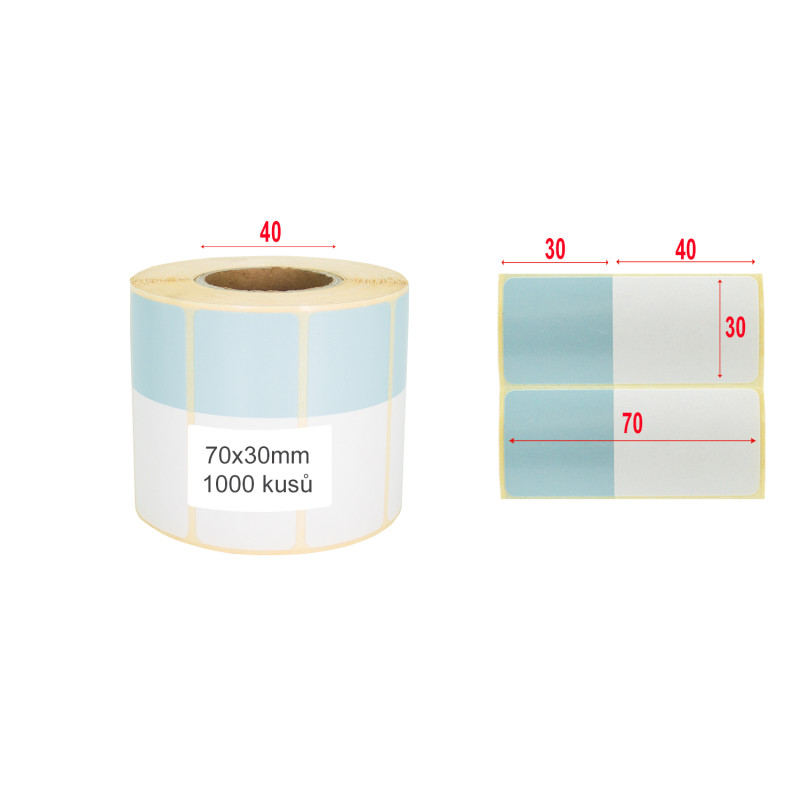 Termoetikety 70x30mm bílá/světle modrá, návin 1000ks, dutinka kotoučku 40mm