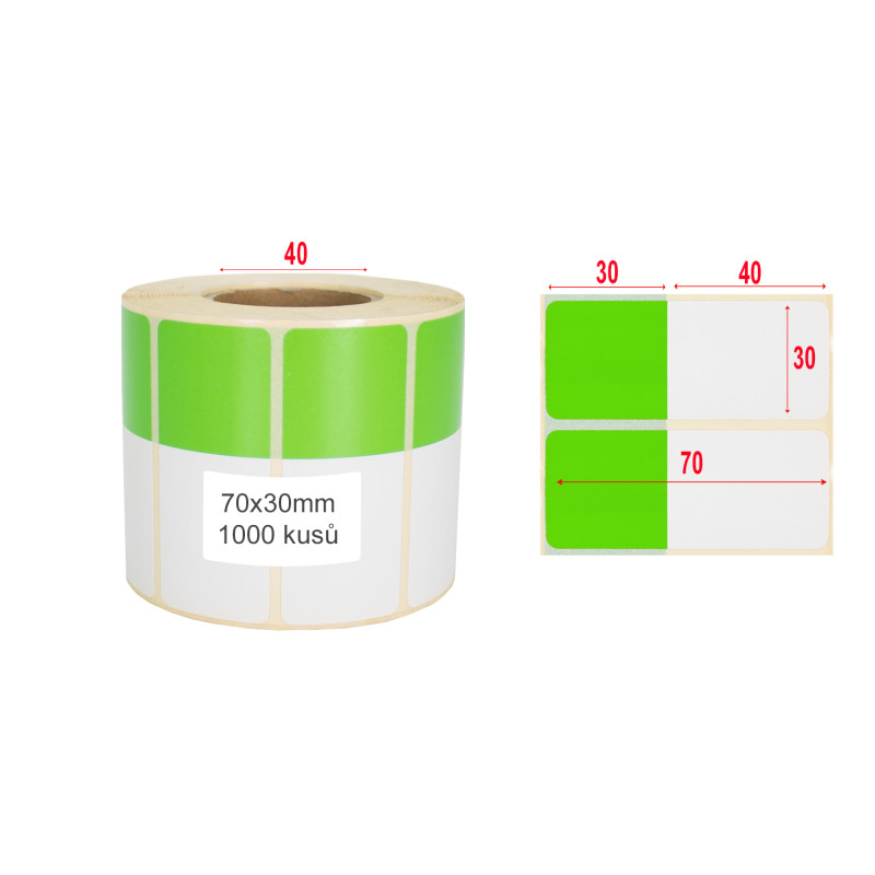 Termoetikety 70x30mm bílé/zelené, návin 1000ks, dutinka kotoučku 40mm