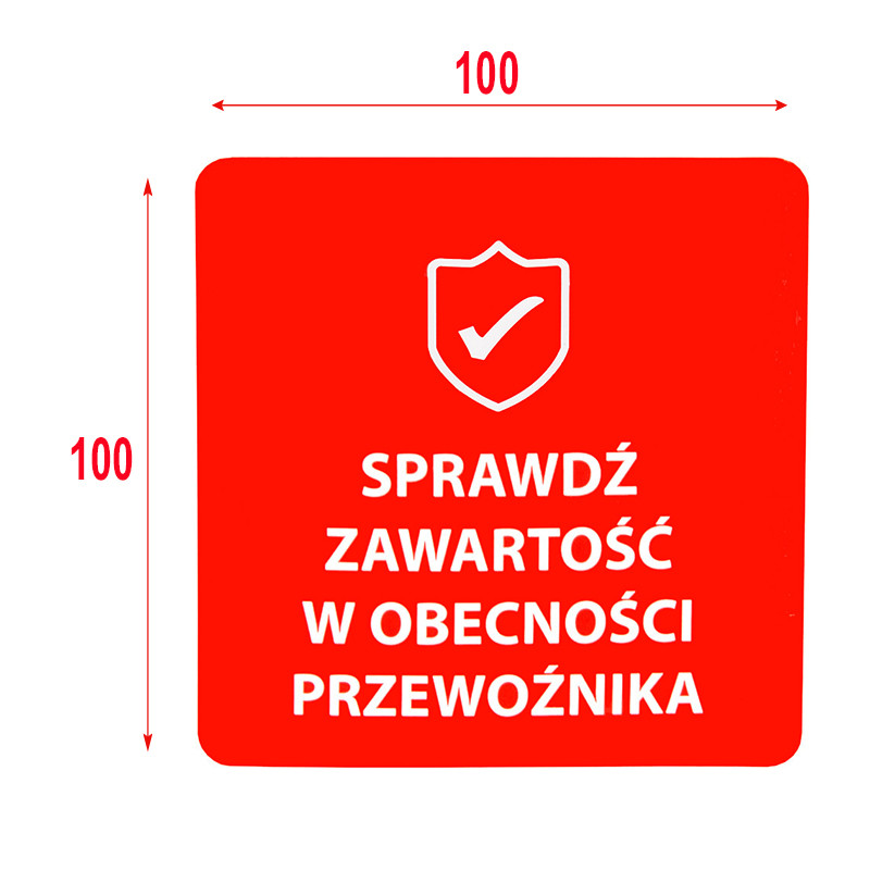 Výstražné samolepící etikety s nápisem "Sprawdź zawartość", 100x100mm 500ks, 40mm