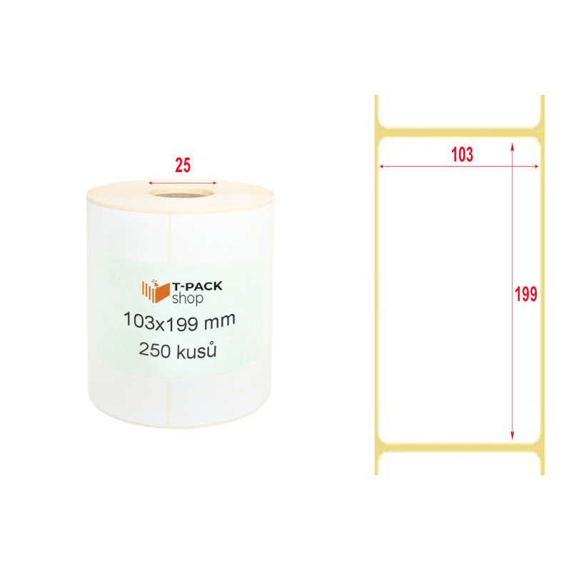 Termoetikety 103x199 mm bilé, návin 250ks, dutinka kotoučku 25mm