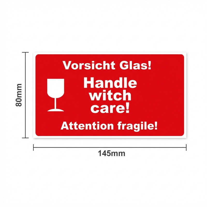 Výstražné etikety „Vorsicht Glas / Handle with care / Attention fragile” 145x80 mm – 1500 ks, dutinka 40 mm