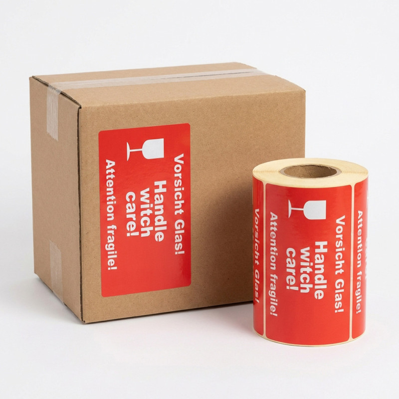 Výstražné etikety „Vorsicht Glas / Handle with care / Attention fragile” 145x80 mm – 1500 ks, dutinka 40 mm