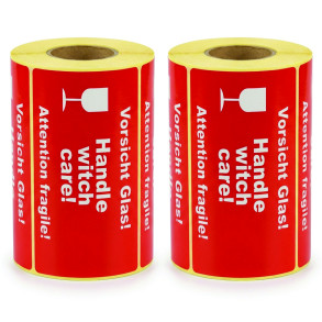 Výstražné etikety „Vorsicht Glas / Handle witch care / Attention fragile” 145x80 mm – 500 ks, dutinka 40 mm