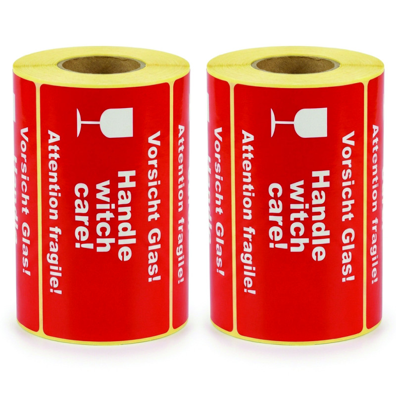 Výstražné etikety „Vorsicht Glas / Handle witch care / Attention fragile” 145x80 mm – 500 ks, dutinka 40 mm