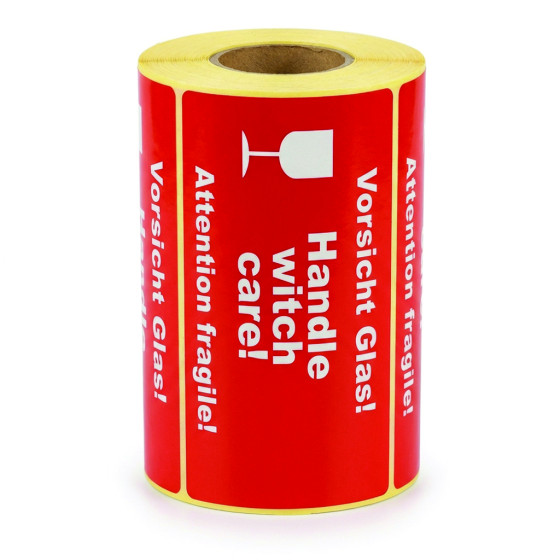 Výstražné etikety „Vorsicht Glas / Handle witch care / Attention fragile” 145x80 mm – 500 ks, dutinka 40 mm