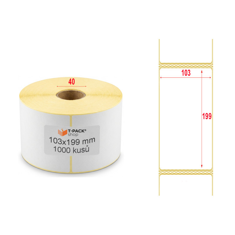 Termoetikety 103x199 mm bílé – 1000 ks, dutinka 40 mm, perforace