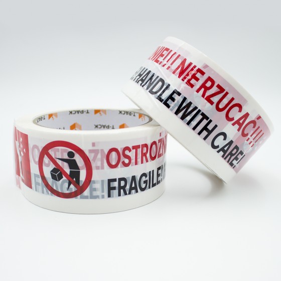 Lepicí páska, s potiskem FRAGILE OSTROŻNIE NIE RZUCAĆ, šíře 48 mm, návin 66 m