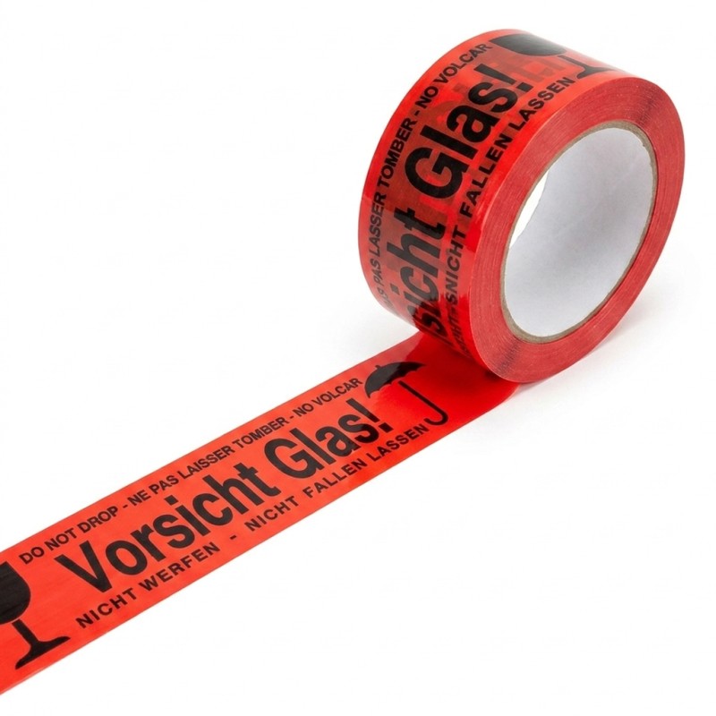 Výstražná balicí páska VORSICHT GLAS červená akryl 48 mm × 66 m