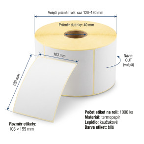 Termoetikety 103x199 mm bílé – 1000 ks, dutinka 40 mm, perforace