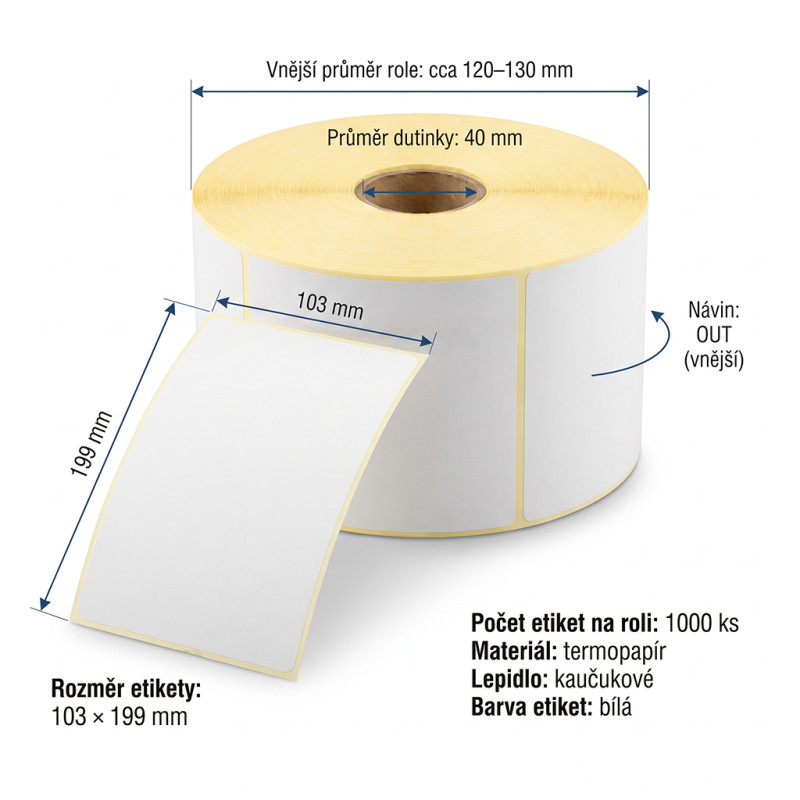Termoetikety 103x199 mm bílé – 1000 ks, dutinka 40 mm, perforace