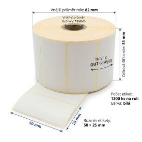 Termální etikety 50×25 mm, 1300 ks., Dutinka 19 mm Bílé