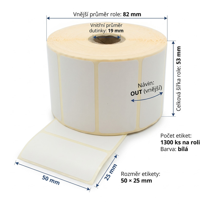 Termální etikety 50×25 mm, 1300 ks., Dutinka 19 mm Bílé